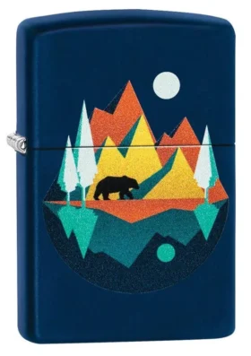 Motif géométrique représentant un ours et des montagnes