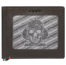 Portefeuille en cuir moka – Motif « Spade Skull » sur plaque métallique