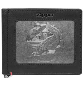 Portefeuille en cuir noir – Motif « Bass » sur plaque métallique