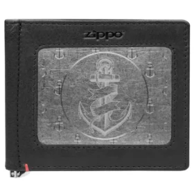 Portefeuille en cuir noir – Motif de plaque métallique en forme d’ancre