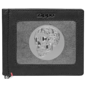 Portefeuille en cuir noir – Motif plaque métallique tête de mort