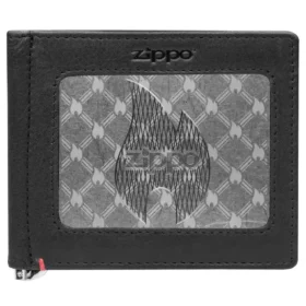 Portefeuille en cuir noir – Motif « zippo flame » sur plaque métallique